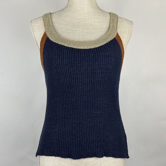 SWEET RAIN knit tank in navy blue, tan, and brown L - Picture 1 of 7